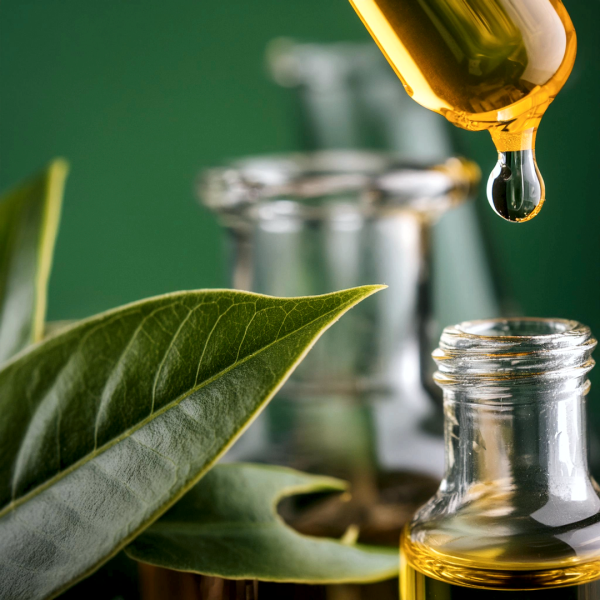 Eine Pipette mit einem Tropfen, der in ein Reagenzglas fällt, mit einem grünen Blatt im Vordergrund.