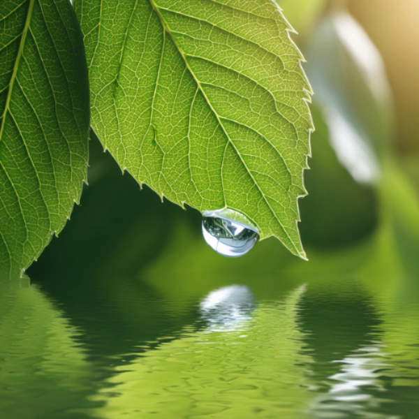 Ein Wassertropfen hängt an der Spitze eines grünen Blattes und fällt ins Wasser.