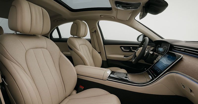 Beigefarbener Innenraum eines Luxuswagens mit Ledersitzen, Panorama-Schiebedach und großem Armaturenbrettbildschirm.