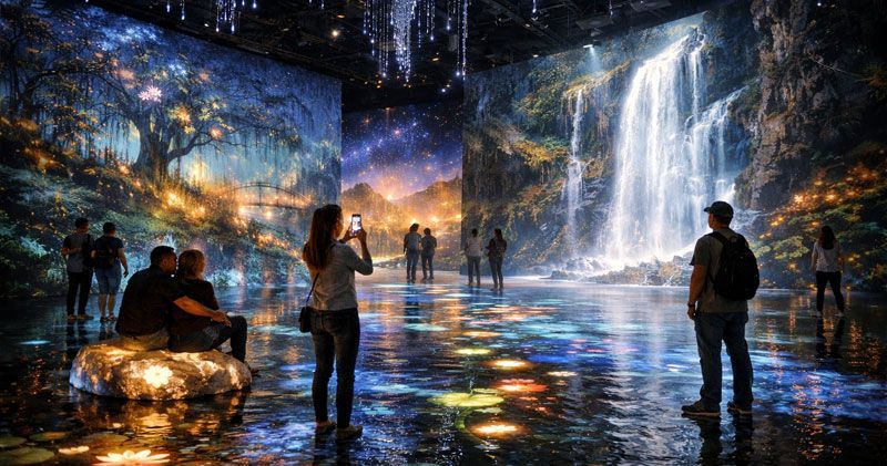 Menschen in einem abgedunkelten Raum, an dessen Wänden und Boden Wasserfall- und Sternenwaldszenen projiziert werden.