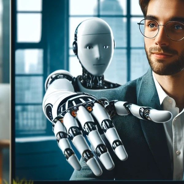 Ein Mann sitzt an einem Schreibtisch. Hinter ihm sieht man einen Roboter, der eine Hand helfend über die Schulter des Mannes reicht.