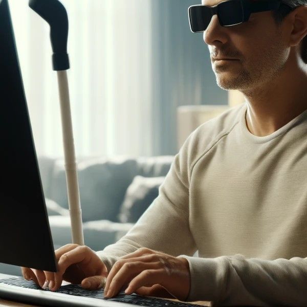Ein blinder Mann sitzt vor einem Monitor. Seine Hände erfassen etwas über eine Tastatur.