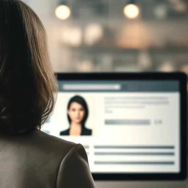 Eine Frau sitzt an einem Schreibtisch vor einem Monitor. Sie schaut sich den CV einer Mitarbeiterin der Firma an.