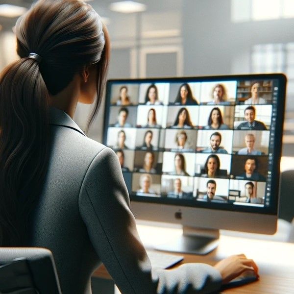 Eine Frau sitzt an einem Schreibtisch vor einem großen Bildschirm. Auf dem Bildschirm findet eine Schulung mit 20 Teilnehmenden statt.