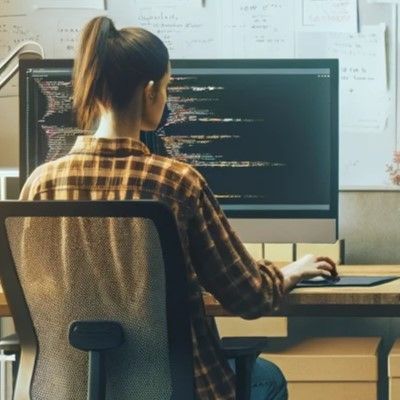 Das Bild zeigt eine Software-Entwicklerin an einem Schreibtisch. Sie sitzt vor einem großen Monitor, auf dem Programm-Code zu erkennen ist.