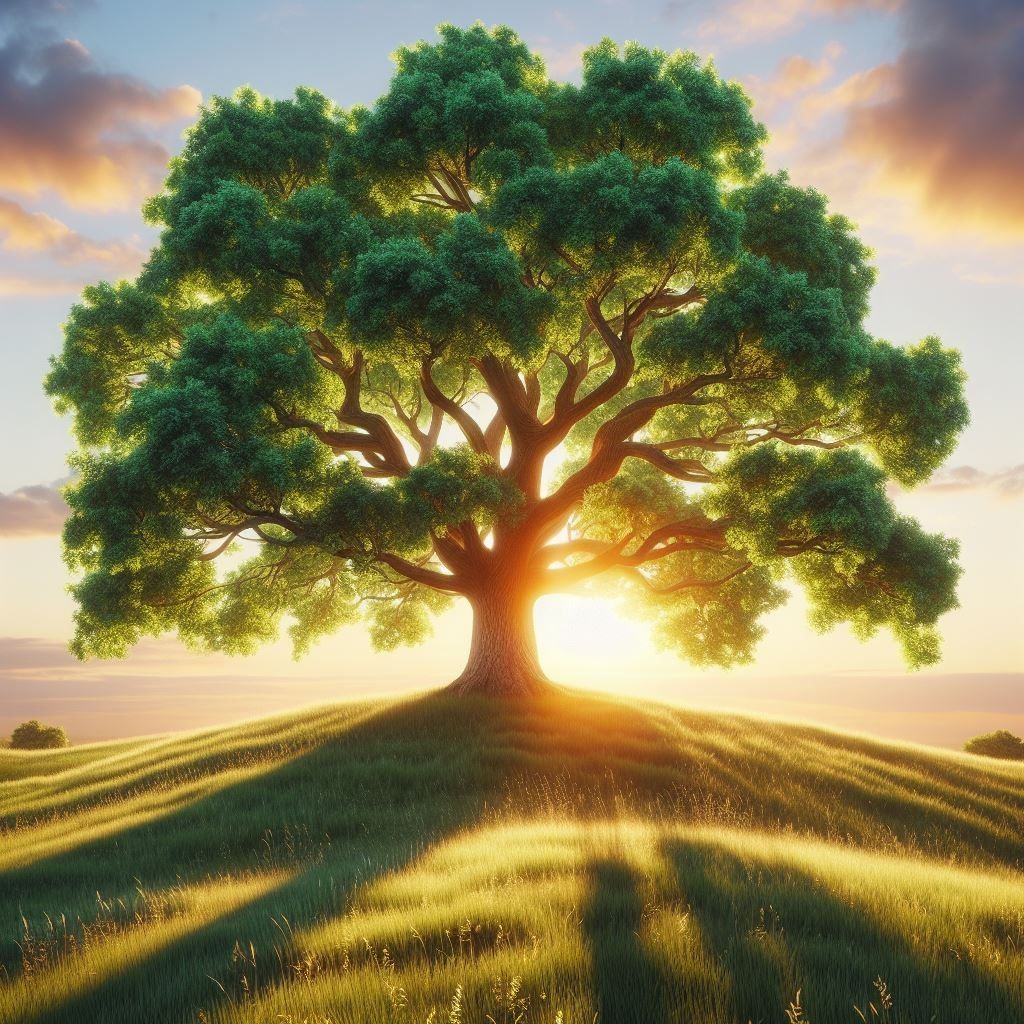 Ein Baum auf einem grünen Hügel, vor einer untergehenden Sonne.