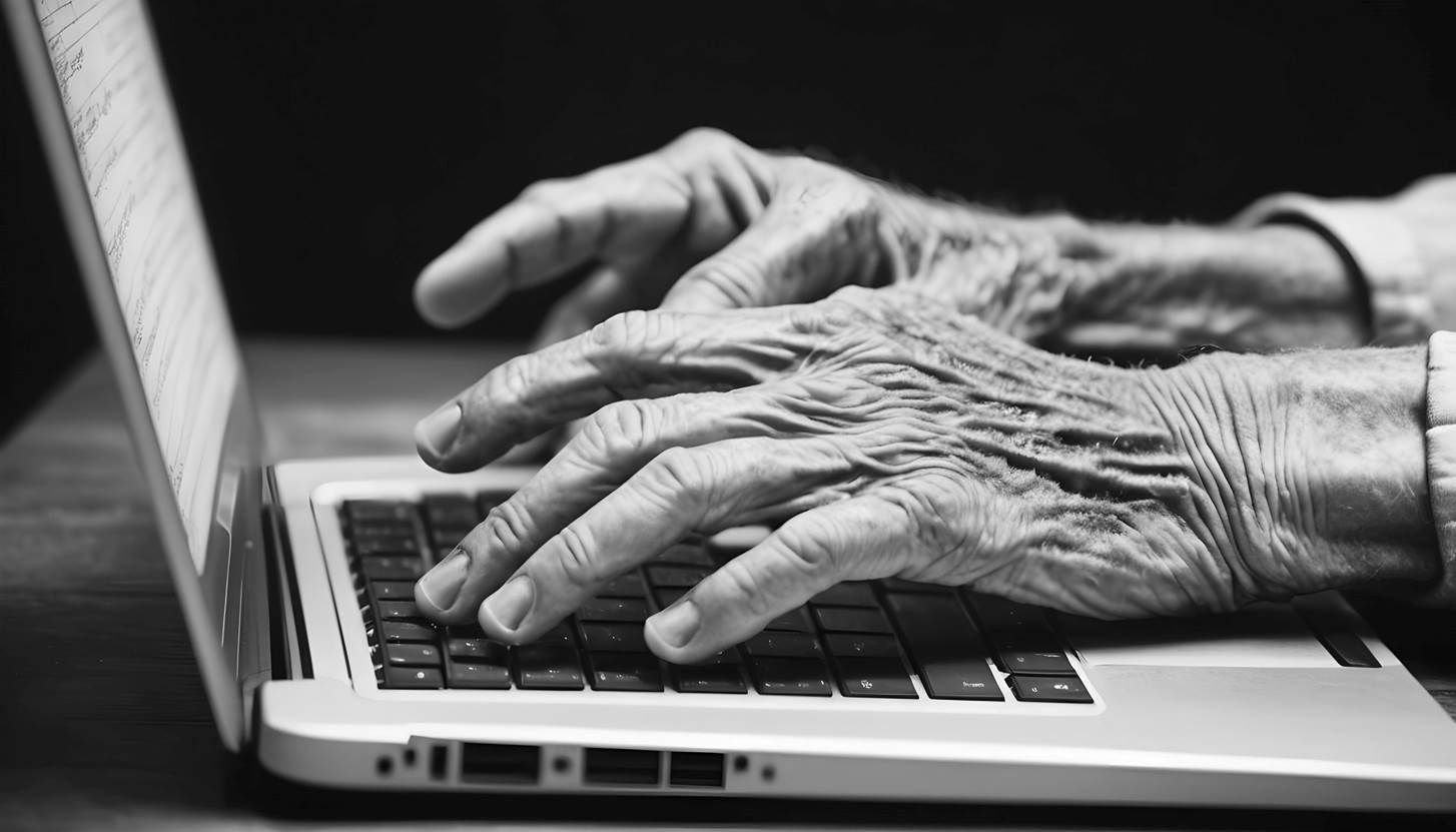 Die Hände eines alten Mannes tippen auf einer Laptop-Tastatur