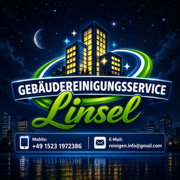 Gebäudereinigungsservice Linzel logo mit Skyline, Sternenhimmel und Kontaktdaten auf blau-grünem Hintergrund