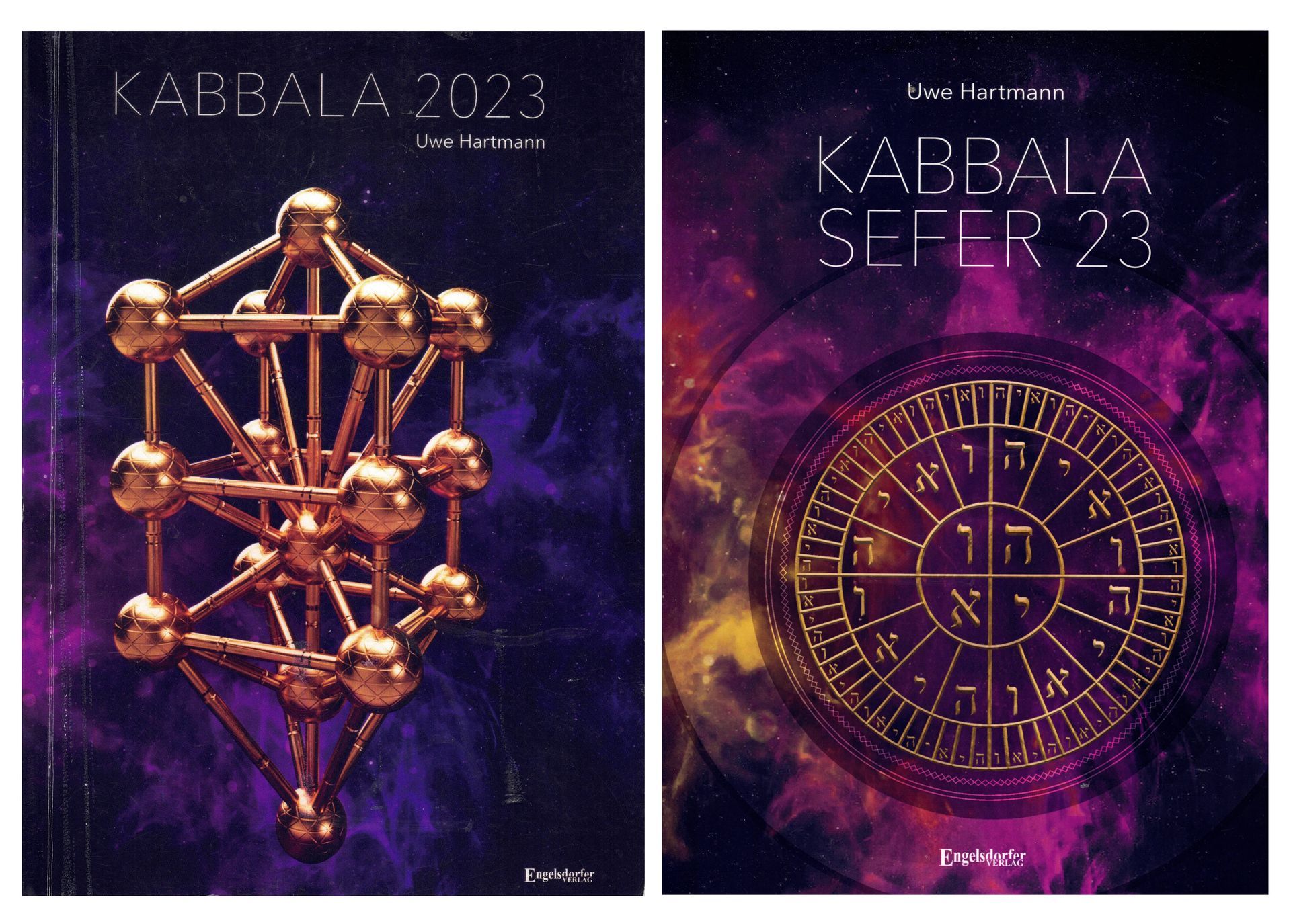 Zwei violette okkulte Buchdeckel: eine geometrische Kupferstruktur und ein goldenes kreisförmiges Siegel, betitelt Kabbala Sefer 23.