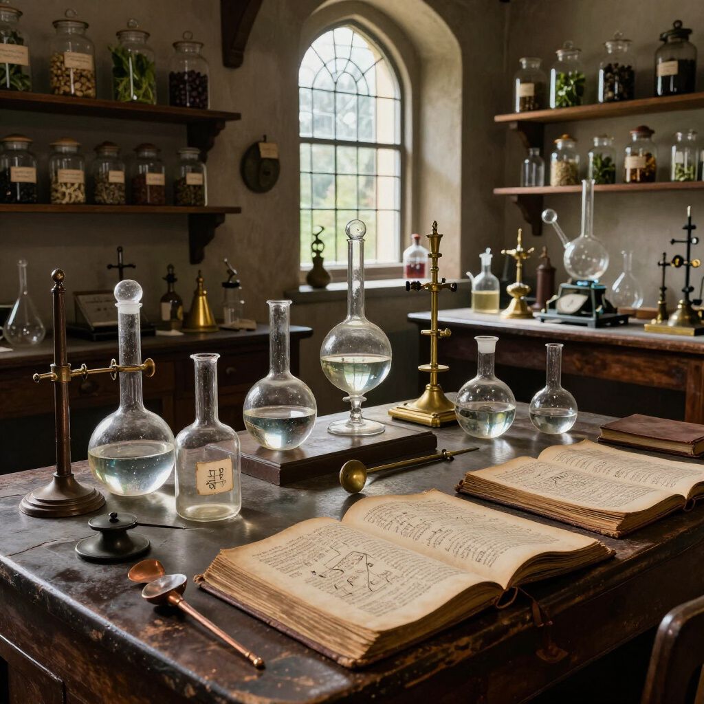 Altes Apothekerlabor mit Glasflaschen, aufgeschlagenen Büchern und Regalen voller Flaschen neben einem Fenster