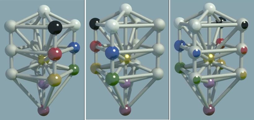 Drei Ansichten eines 3D-Molekülmodells mit farbigen Kugeln und Verbindungsstäben auf grauem Hintergrund