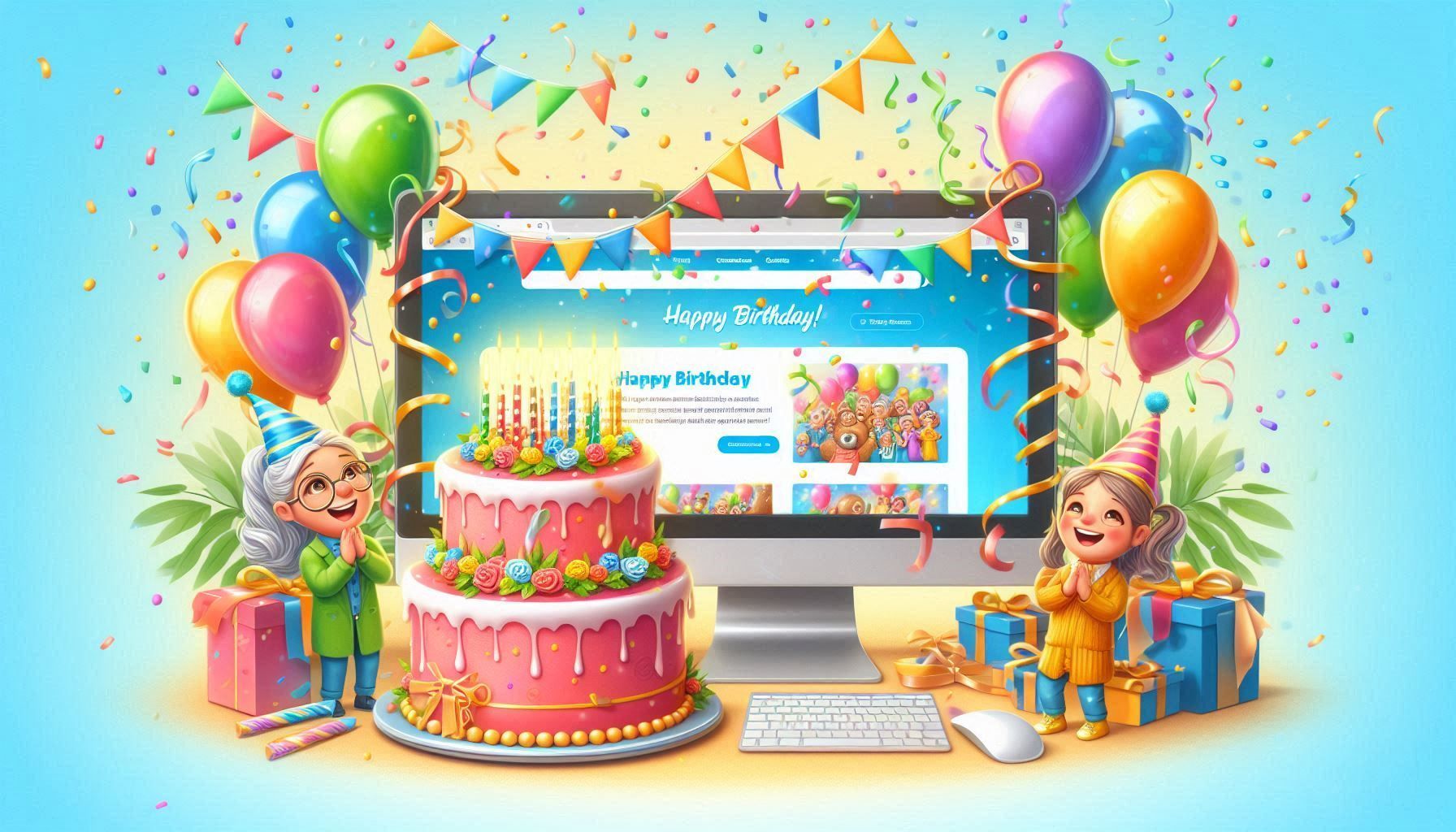 Colorful birthday-themed desktop scene with balloons, cake, confetti, gifts, and a computer displaying a party webpageColorful birthday-themed desktop scene with balloons, cake, confetti, gifts, and a computer displaying a party 