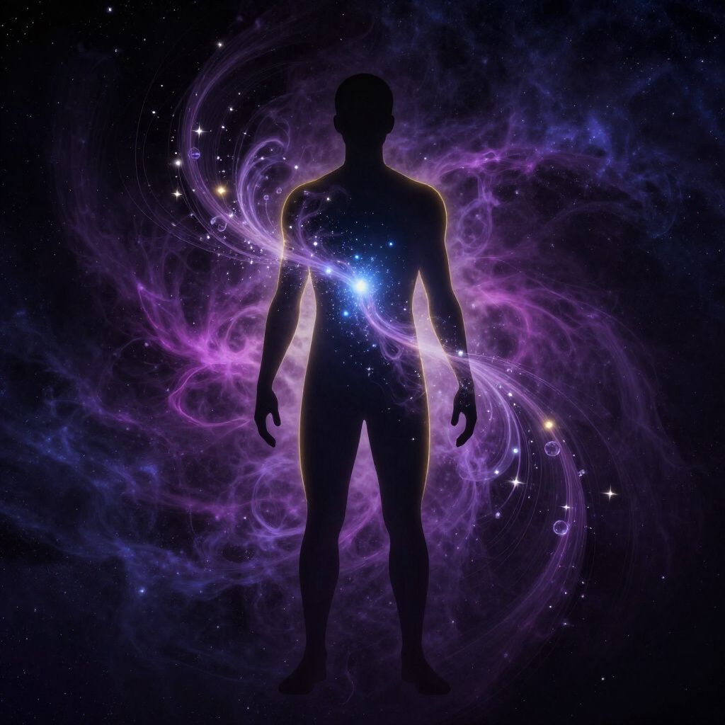 Silhouette einer menschlichen Figur, umgeben von leuchtend violetter kosmischer Energie und sternenklaren Wirbeln