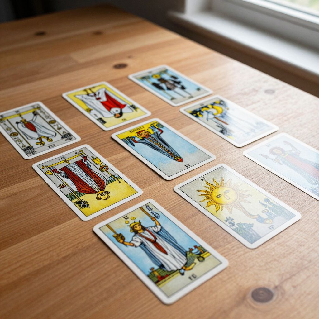 Auf einem Holztisch neben einem Fenster sind Tarotkarten ausgebreitet, die farbenfrohe Figuren und Symbole zeigen.