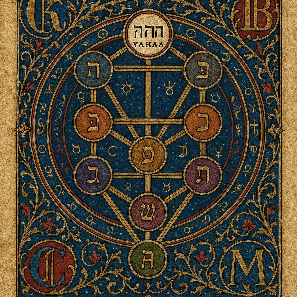 Farbenfrohes mystisches Diagramm mit hebräischen Buchstaben in Kreisen, die durch Linien auf einem verzierten blau-goldenen Hintergrund verbunden sind