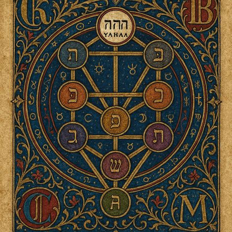 Farbenfrohes mystisches Diagramm mit hebräischen Buchstaben in Kreisen, die durch Linien auf einem verzierten blau-goldenen Hintergrund verbunden sind