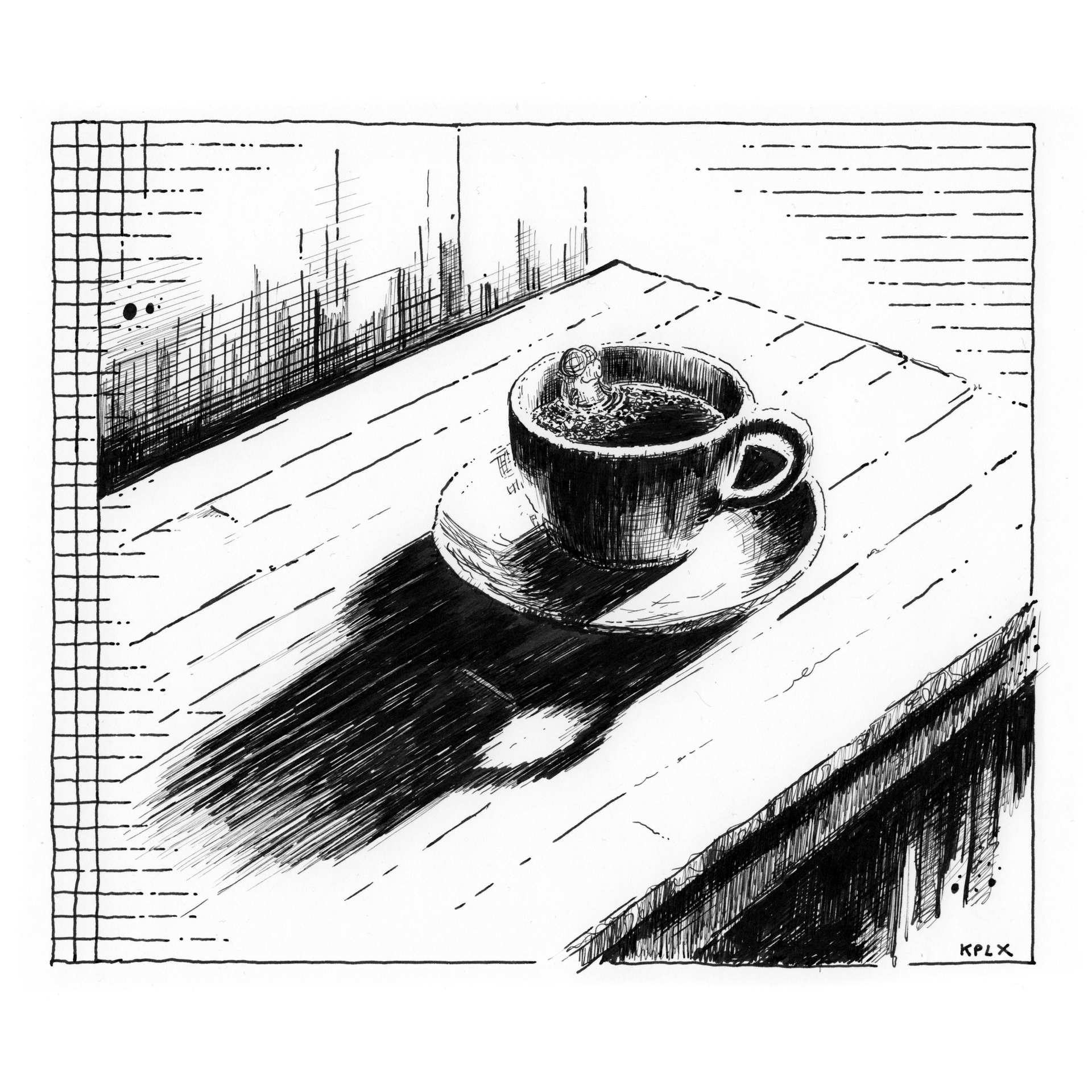 Zeichnung, Tusche auf A4 Zeichenkarton: Fliege Frieda sitzt entspannt in einer Tasse Kaffee