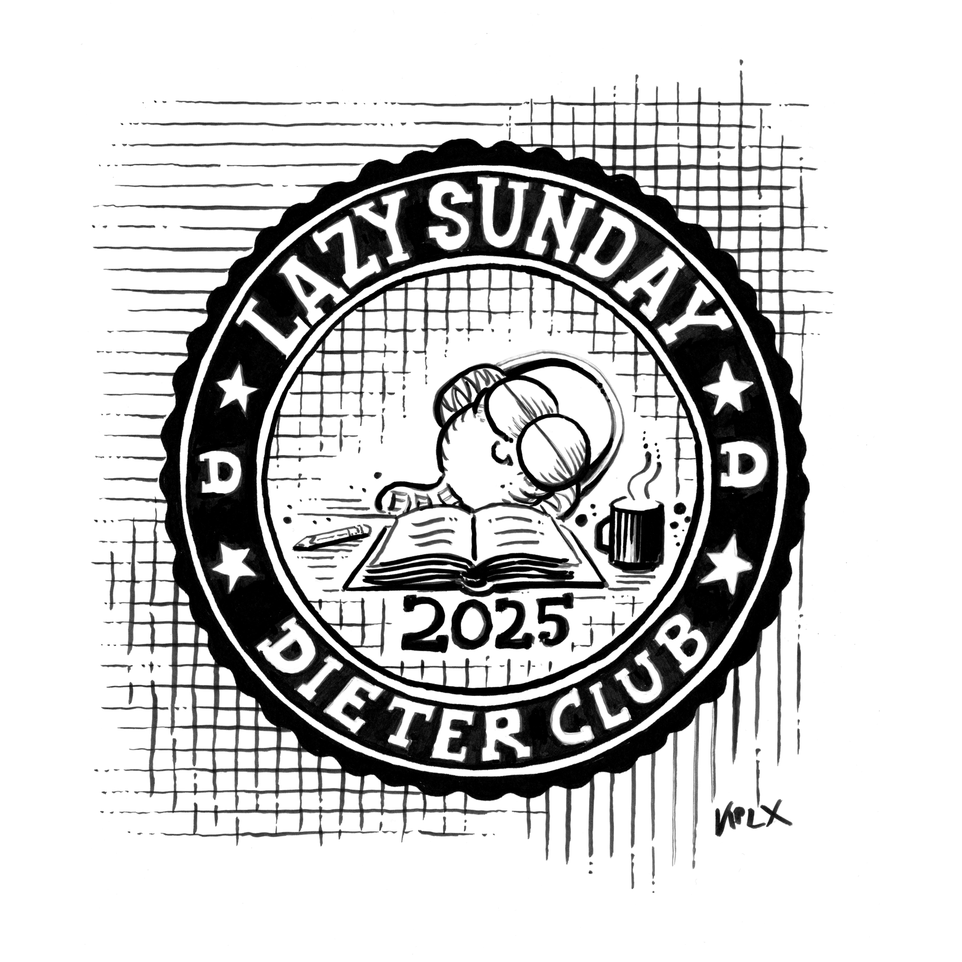 Logo Lazy Sunday Dieter Club mit schlafendem Dieter, Buch und Kaffee