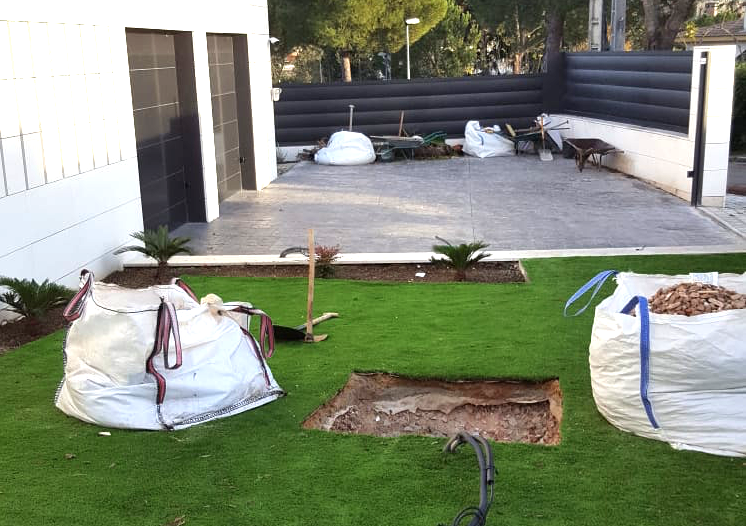 colocación de césped y de arbol olivo