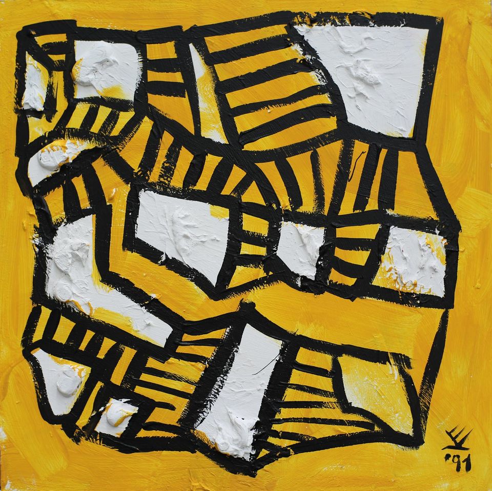 Titel: „2323“ (front side). Artists: Vincent van Volkmer. Size: 50 x 50 cm. Acrylic on wood. Year 1991.