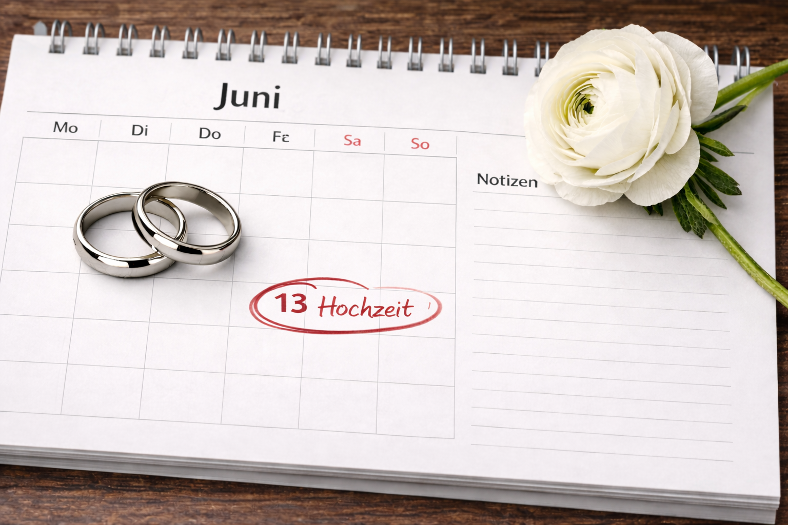 Kalender Hochzeitsplanung Termin Eheringe Weißgold