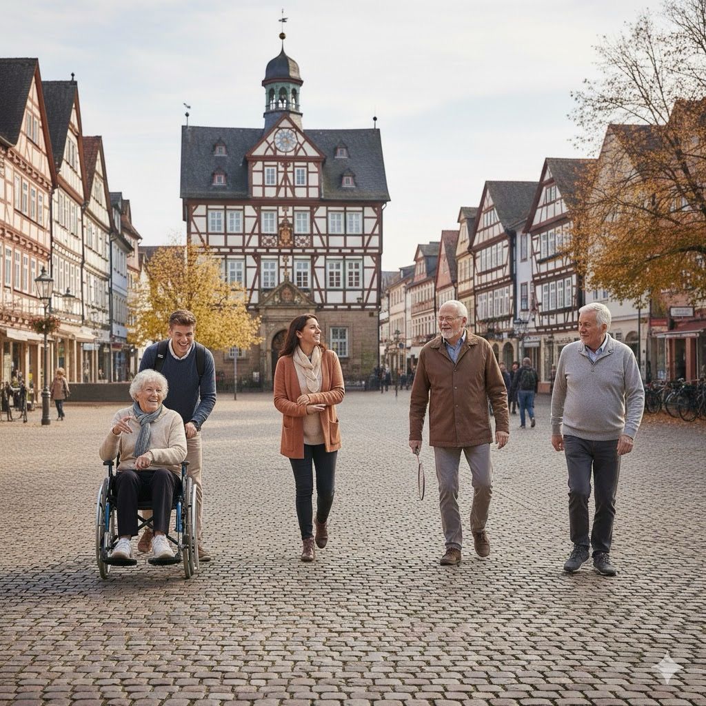 Die Szenerie wandelt sich: Ein junger Mann schiebt nun den Rollstuhl, und eine Gruppe aus verschiedenen Generationen begleitet die Dame. Der Platz wirkt durch die Gemeinschaft belebt und freundlich