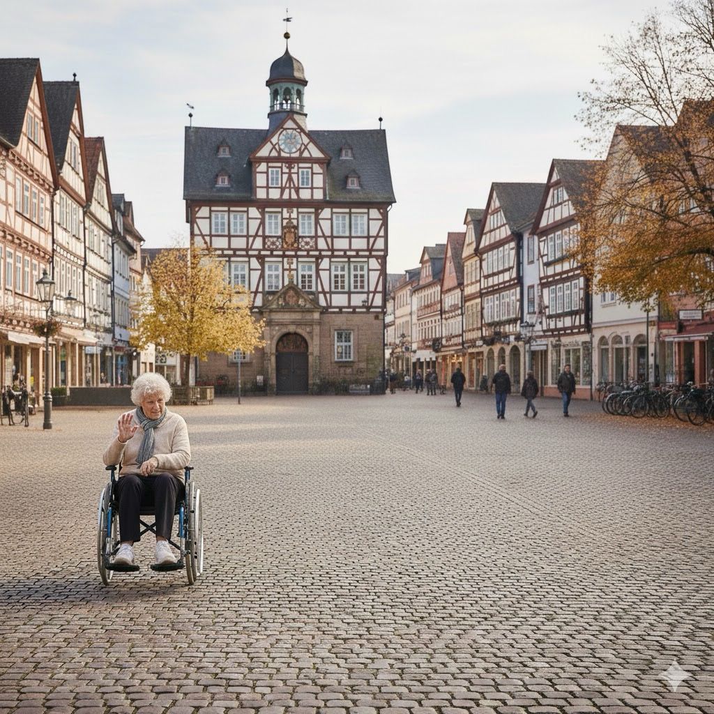 Eine Seniorin sitzt allein in ihrem Rollstuhl auf einem weiten, gepflasterten Stadtplatz vor einer historischen Fachwerkkulisse. Die Leere des Platzes unterstreicht das Gefühl der Isolation
