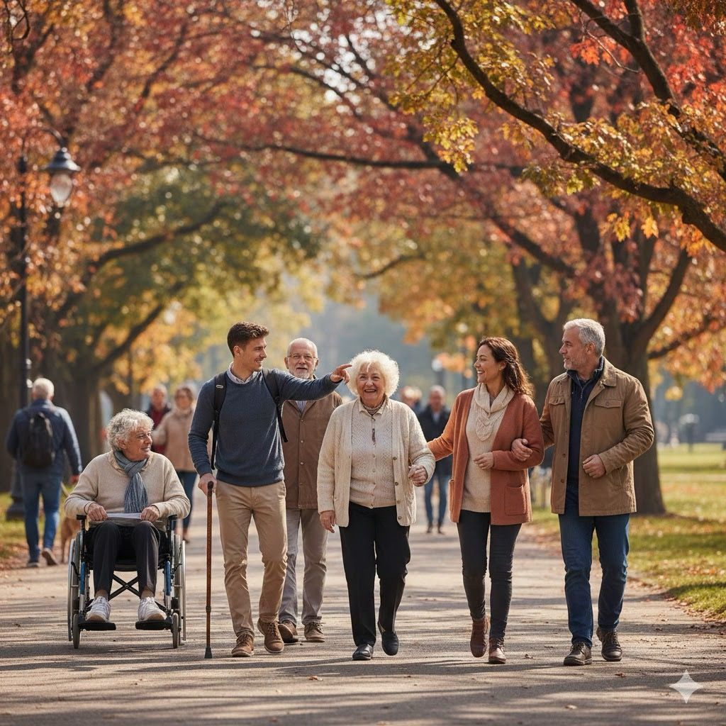 Die Gruppe spaziert gemeinsam durch eine herbstliche Parkanlage. Das warme Licht und die herbstlichen Farben der Bäume schaffen eine Atmosphäre von Geborgenheit und aktiver Teilnahme am Leben