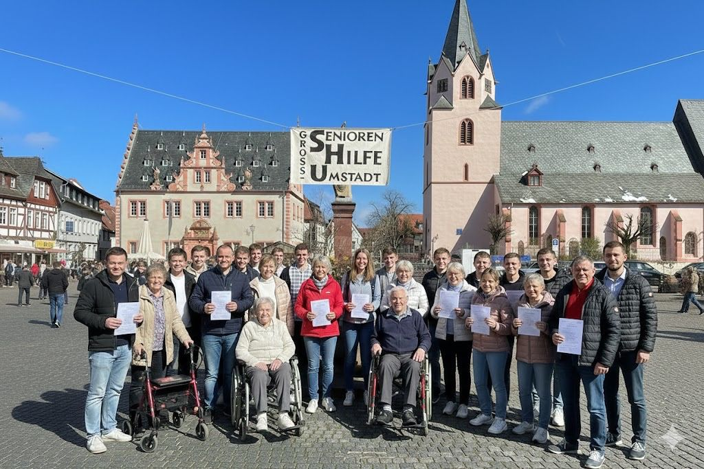 Dieses Bild fängt die lebendige Gemeinschaft der Seniorenhilfe Groß-Umstadt an einem sonnigen Tag ein. Eine große, bunt gemischte Gruppe von Jung und Alt hat sich auf dem historischen Marktplatz versammelt. Im Hintergrund ist das berühmte Renaissance-Rathaus und die Stadtkirche unter einem strahlend blauen Himmel zu sehen. Über der Gruppe schwebt ein großes Banner mit der Aufschrift ‚SENIORENHILFE GROSS-UMSTADT‘. Viele Mitglieder halten stolz ihre Beitrittserklärungen in die Kamera, während andere im Rollstuhl oder mit dem Rollator mitten in der Gruppe dabei sind. Es ist ein Bild voller Energie und Zusammenhalt, das zeigt: Wir sind ein fester und fröhlicher Teil unserer Stadt.