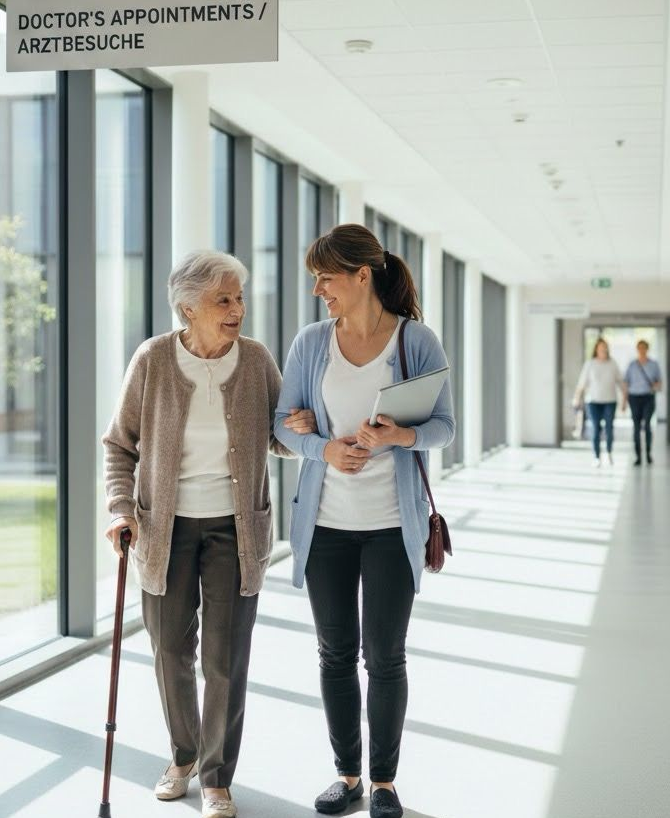 Hier sehen wir das gelebte Miteinander unserer Seniorenhilfe. Eine ältere Dame mit grauem Haar, die einen Gehstock nutzt, wird von einer jüngeren Helferin begleitet. Die Helferin trägt eine blaue Strickjacke und hat sich liebevoll bei der Seniorin eingehakt. Beide Damen gehen einen langen, hellen und modernen Flur entlang und unterhalten sich lächelnd.
Die großen Fensterfronten zur linken Seite lassen viel Sonnenlicht herein und geben den Blick ins Grüne frei. Über ihnen ist ein Schild zu sehen, das auf Deutsch und Englisch auf Arzttermine hinweist: ‚ÄRZTBESUCHE / DOCTOR’S APPOINTMENTS‘.
Dieses Bild zeigt, was wir tun: Wir sind da, wir stützen und wir begleiten unsere Senioren im Alltag – verlässlich und mit Freude