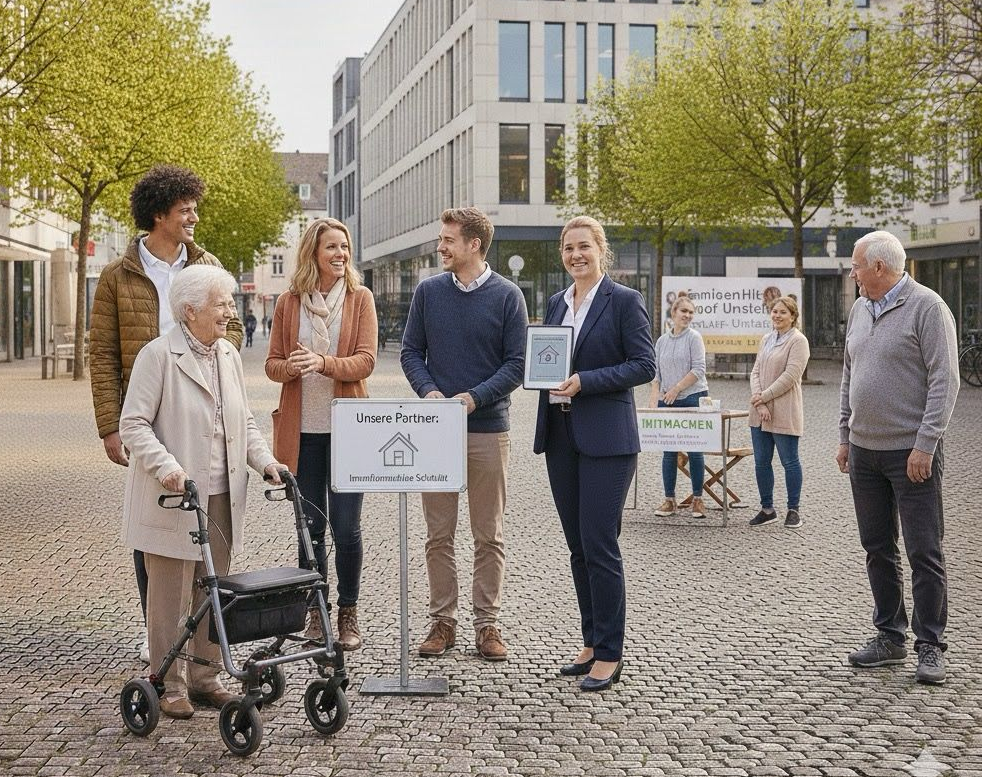 Unternehmer und Vertreter der Seniorenhilfe-Umstadt e.V. stehen gemeinsam mit einer Seniorin an einem Infostand in einer Fußgängerzone. In der Mitte präsentiert ein Schild mit der Aufschrift „Unsere Partner“ die erfolgreiche Kooperation zwischen Wirtschaft und sozialem Engagement.