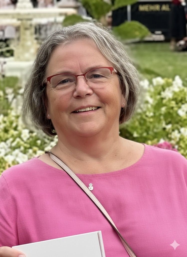 Das Bild zeigt das Porträt einer sympathischen Frau mit kurzem, grau meliertem Haar und einer modischen roten Brille. Sie trägt ein kräftig rosafarbenes Oberteil und lächelt offen und herzlich in die Kamera. Der Hintergrund ist leicht unscharf und zeigt eine blühende Gartenlandschaft mit weißen Blumen, was dem Bild eine frische und lebendige Note verleiht. Das kreisförmige Format des Porträts wirkt modern und einladend. Es ist das Bild einer Frau, die mitten im Leben steht und für die Werte der Seniorenhilfe – Herzlichkeit und Tatkraft – steht.