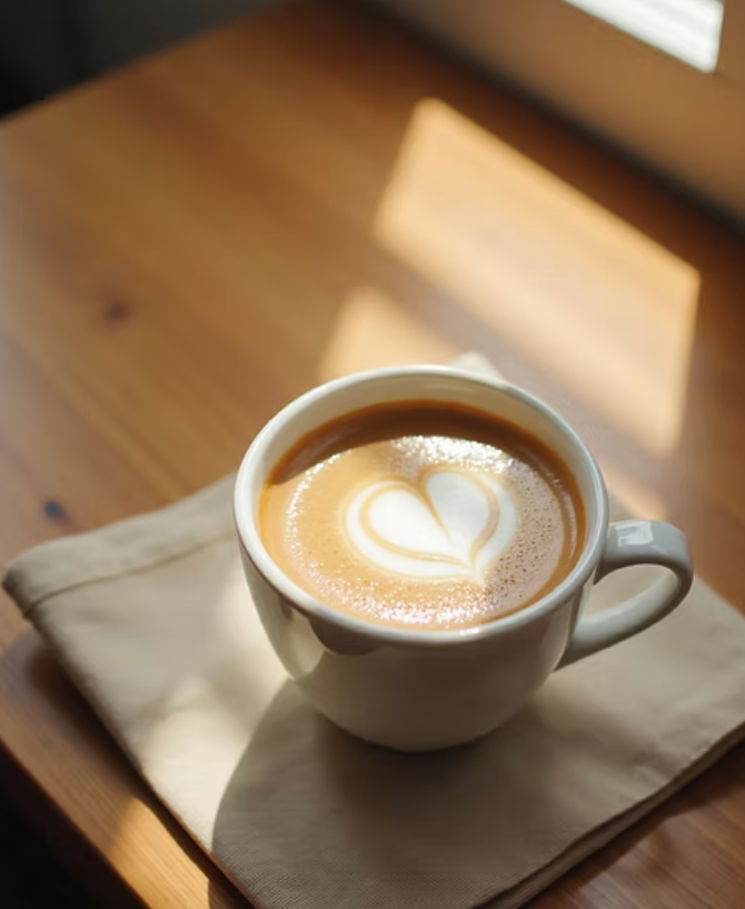Ein einfaches, aber kraftvolles Symbol für unsere Gemeinschaft: Eine weiße Tasse frisch gebrühter Kaffee auf einem Holztisch, in deren Milchschaum ein Herz geformt ist. Die Tasse steht auf einer hellen Serviette, während warmes Sonnenlicht über die Szene streift. Dieses Bild steht für die kleinen Momente der Wertschätzung und die Wärme, die wir bei unseren Treffen in Groß-Umstadt teilen. Es ist eine Einladung zum Verweilen und zum Gespräch.