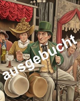 Vintage-Publikum an einem festlich geschmückten Stand mit Musikern, Getränken und rotem Vorhang im Hintergrund