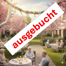 Gartencafé im Freien, in dem ältere Menschen an weißen Tischen unter rosa Blüten sitzen, die diagonal mit „ausgebucht“ gekennzeichnet sind.