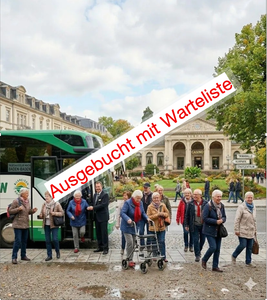 Menschen versammelten sich auf einem Stadtplatz mit einem Bus und einem diagonalen Schild mit der Aufschrift „Ausgebucht mit Warteliste“.