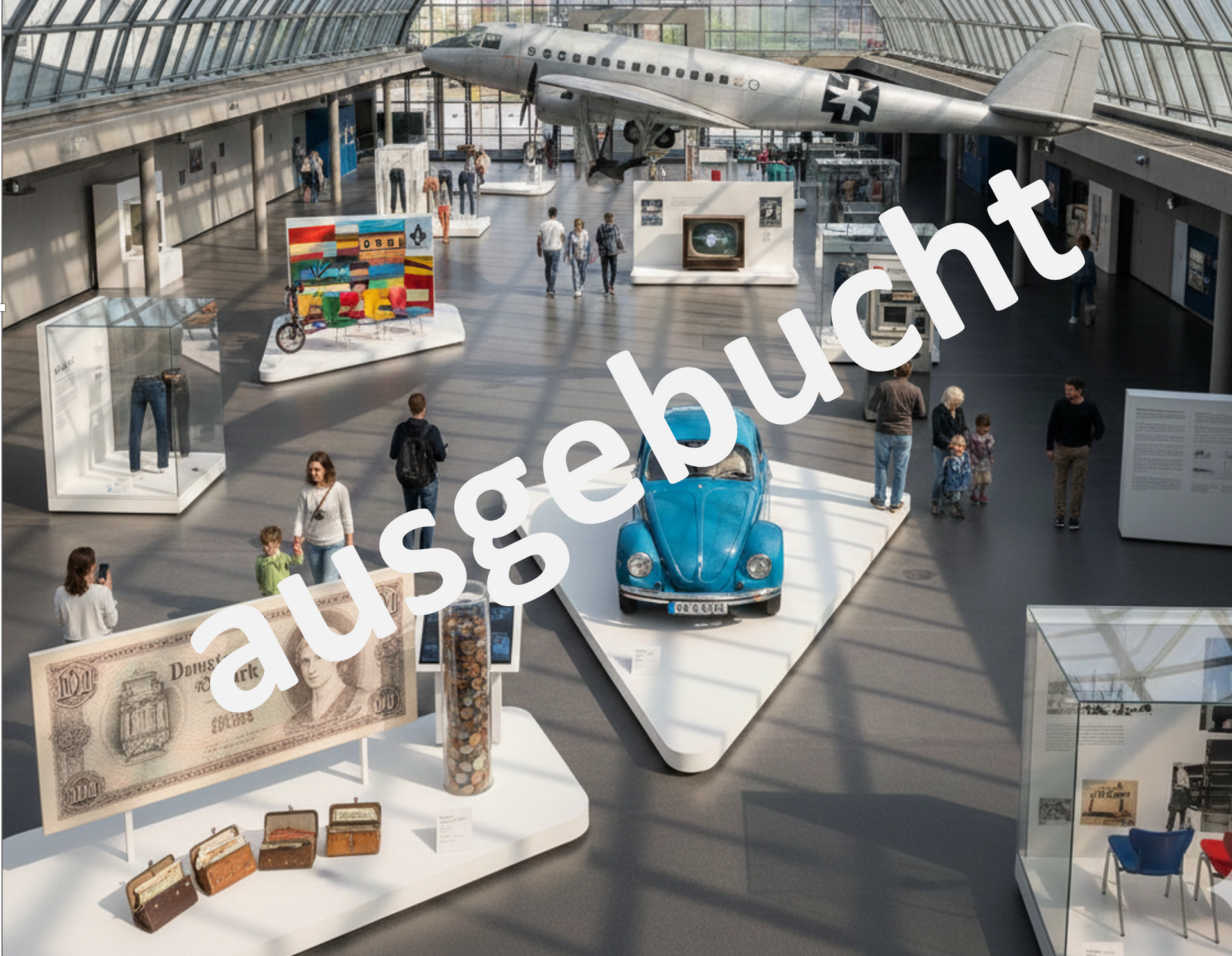 Flugzeugmuseumshalle mit Oldtimer-Flugzeugen, Ausstellungsstücken und einem blauen Auto unter einem gebogenen Glasdach