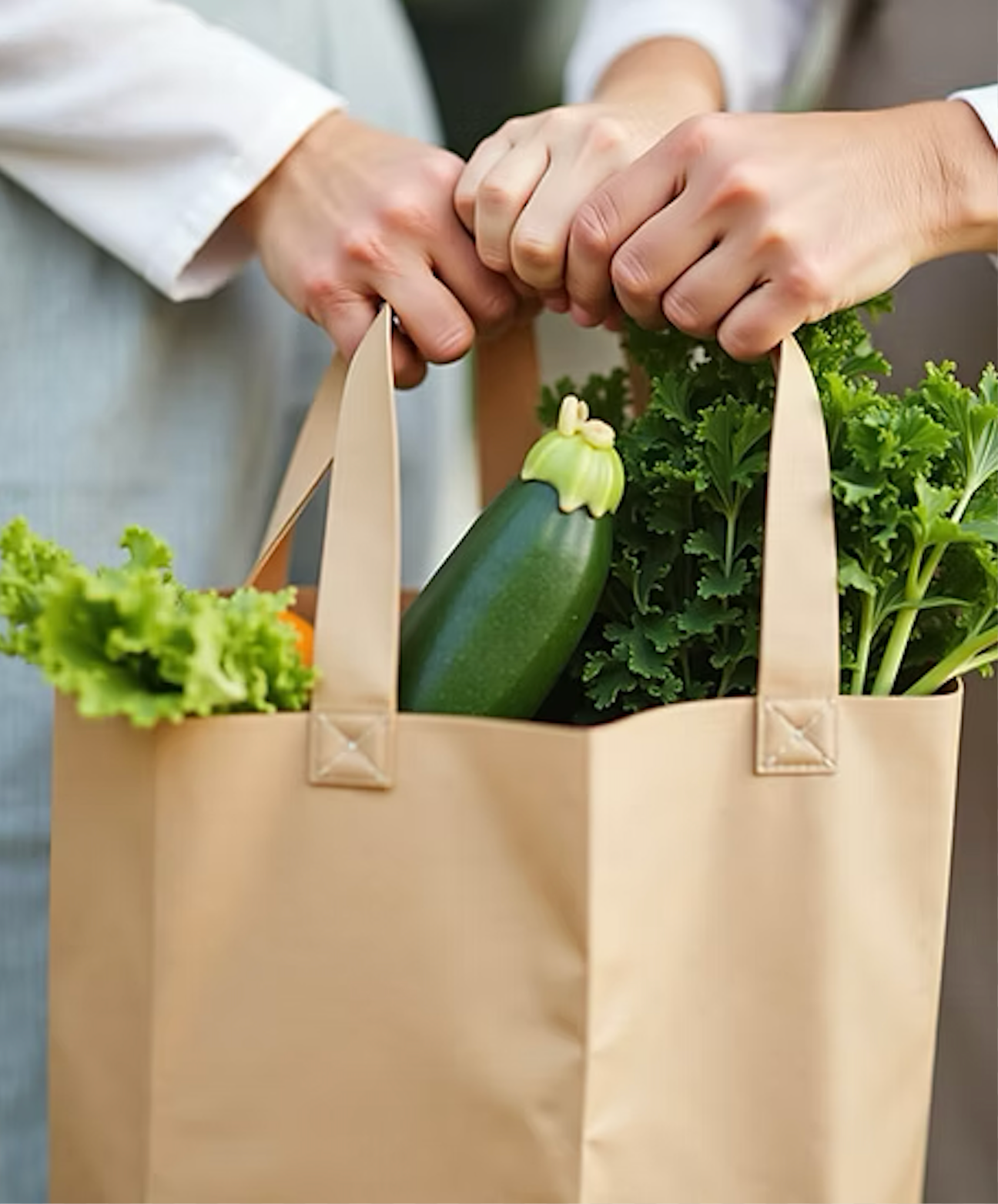 Dieses Bild spricht Bände über unsere tägliche Arbeit: Vier Hände – jung und alt gemeinsam – greifen fest an die Griffe einer Papiertasche voller frischem Gemüse. Man sieht eine Zucchini und knackiges Grün hervorstechen. Es ist ein Symbol für die ganz praktische Unterstützung im Alltag, die wir leisten. Ob der schwere Wocheneinkauf oder der Gang zum Markt – wir lassen niemanden allein mit den Lasten des Alltags. In Groß-Umstadt packen wir gemeinsam an, damit die Versorgung gesichert ist und das Miteinander nicht zu kurz kommt.