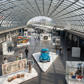 Flugzeugmuseumshalle mit Oldtimer-Flugzeugen, Ausstellungsstücken und einem blauen Auto unter einem gebogenen Glasdach
