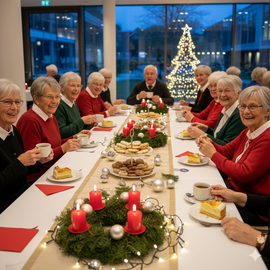 Ältere Menschen sitzen an einem festlich gedeckten Tisch mit Kerzen, Dessert und einem beleuchteten Weihnachtsbaum in der Nähe.