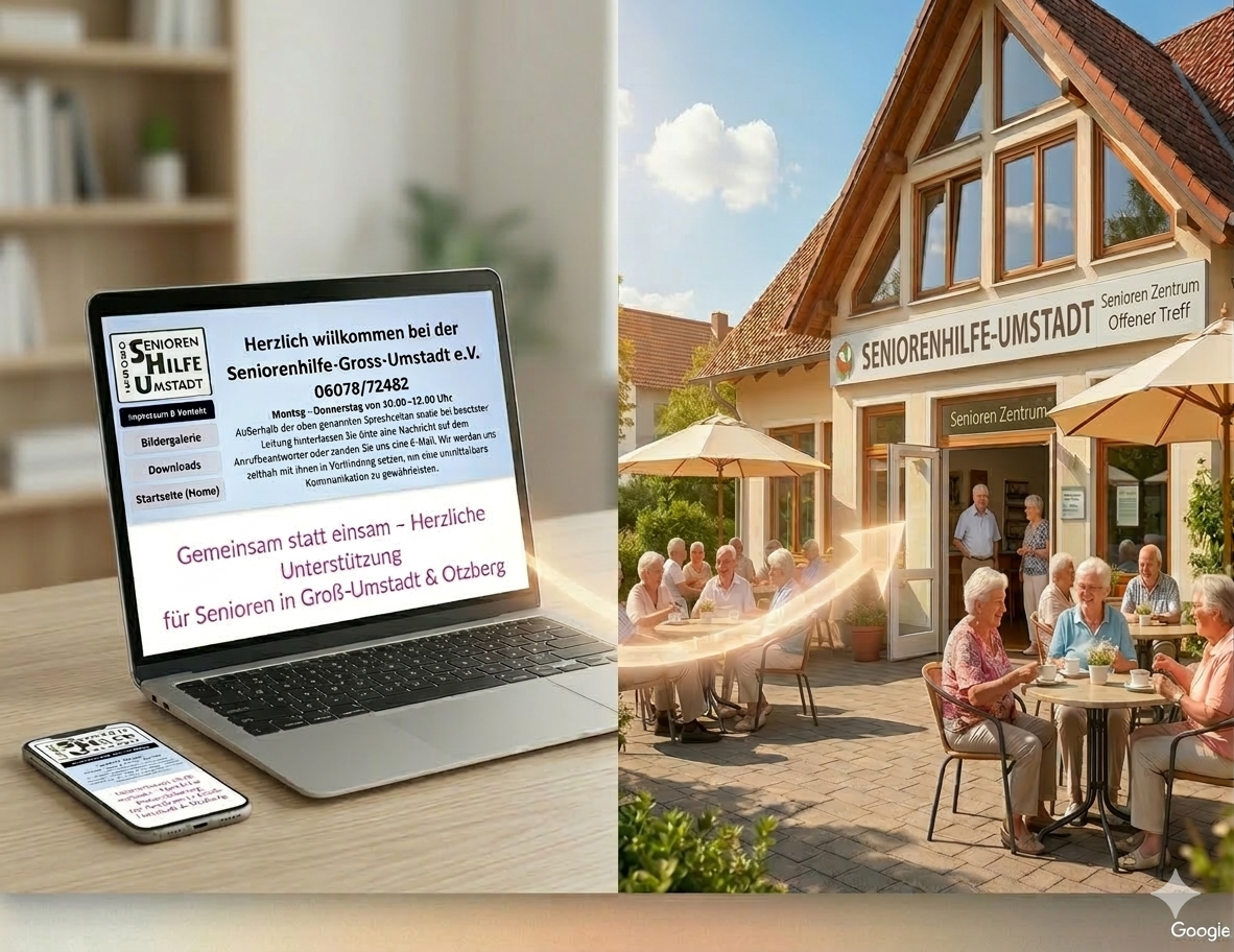 Laptop und Handy auf einem Tisch neben einem sonnigen Straßencafé mit Gästen und einer hölzernen Ladenfront