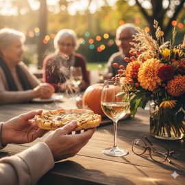 Herbstlich gedeckter Tisch im Freien mit Kuchen, Wein, Kürbissen und einem Blumengesteck; im Hintergrund unterhalten sich Menschen.