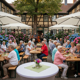 Ein Café im Freien mit Innenhof, in dem viele Menschen an Tischen unter weißen Sonnenschirmen sitzen, umgeben von Blumen und Fachwerkhäusern