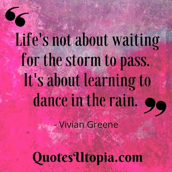 Vivian Greene. Life's not about waiting for the storm to pass. It's about learning to dance in the rain.