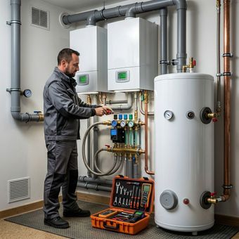 Ein Techniker in grauer Arbeitskleidung repariert in einem Hauswirtschaftsraum eine Heizungsanlage mit Heizkessel und Warmwasserspeicher.