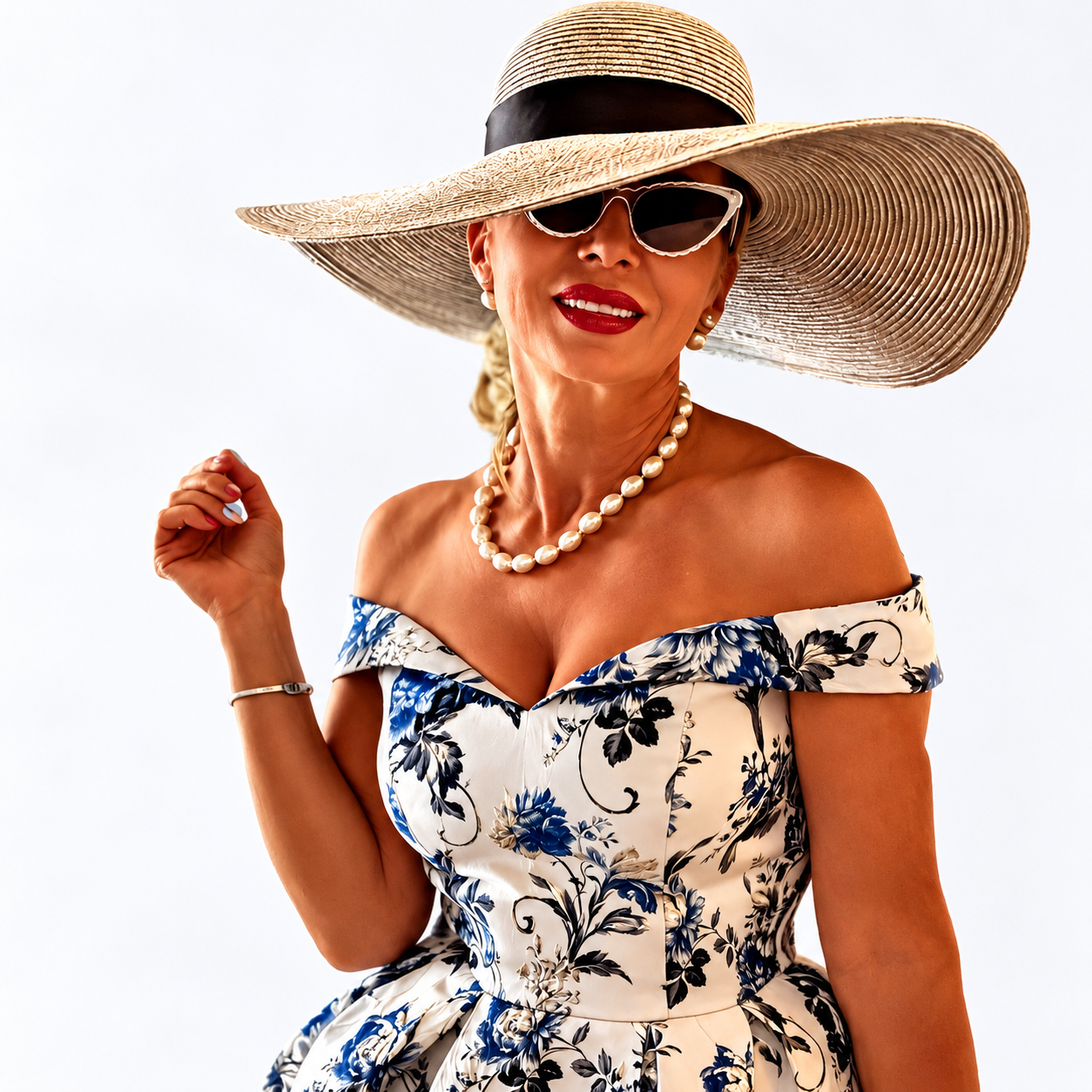 Kerstin Häfner - Kessa Style mit elegantem Sonnenhut, Sonnenbrille und weiß-blau geblümtem Kleid – Shop My Look, Mode und Styling.