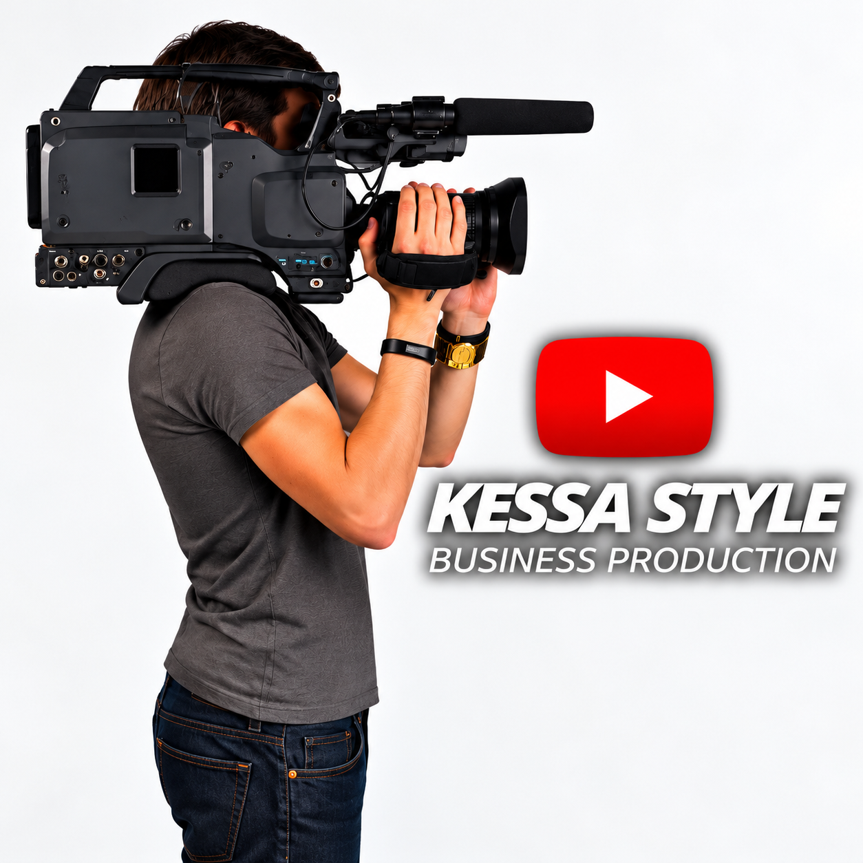 Kameramann mit professioneller Videokamera neben dem Schriftzug Kessa Style Business Production – Video- und Werbeproduktion für Unternehmen.