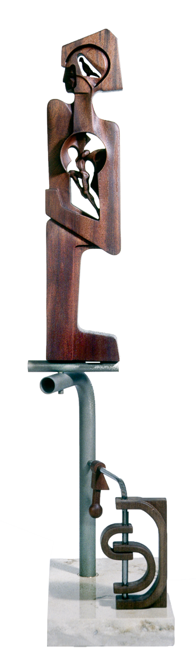 VII.	Täuschung  (ALBTRAUM?)  Mahagoni - Edelstahlrohre - Marmorplatten (60cm x 33,5 - 35 x 8cm)  /  Skulptur: 89 x 20 x 10 cm  -  Gesamthöhe 163 cm  /