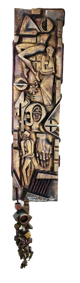 Schöpfung / genesis :  Meranti - Seil - Mahagoni 142 x 26 x 6 cm.  /  Von oben nach unten; die Babyphase(1), mit dem sich entwickelnden Körper(2), bis zur Maturität, (zum Erwachsensein) (3), als das Denken von einer anderen Person beherrscht wird (4), neben dem Hahn der das Feuer symbolisiert, (leidenschaftliche Liebe (5), die Umarmung (6) und das streicheln (7) . Ein Zyklus nach der Formel (-) + (-) = (+), Formel die in die Skulptur gearbeitet wurde . Also eine einzelne Person die sich mit einer anderen einzelnen Person verbindet, ergibt eine dritte Person welche beiden gehört - also ein Plus. Rundherum und unten im zig-zag, die Wege des Lebens, (das Seil), mit dem Zufall, (die traubenförmigen Würfel) . Die Würfel sind nicht all Würfel, (einige zylindrisch, andere dreieckig, etc.),folglich können nicht alle geworfen werden ...Der Zyklus wiederholt sich .  ©  Michael Potocean Alle Rechte vorbehalten.