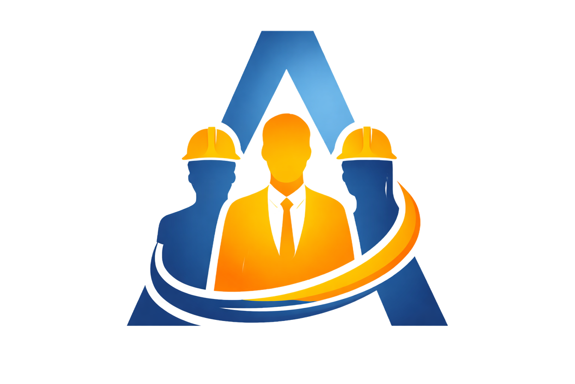 Logo mit einem großen blauen „A“, drei Silhouetten von Personen (eine davon in der Mitte trägt eine Krawatte) und einem goldenen Wirbel.